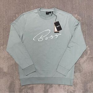 NEW Boss Script Logo Sweatshirt Mens XL Turquoise Aqua Blue Cotton Terry NWT